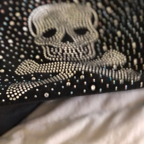 UNIQUE BLACK LEATHER HANDBAG WITH SKULL & RHINESTONES & STUDS - Picture 9 of 9